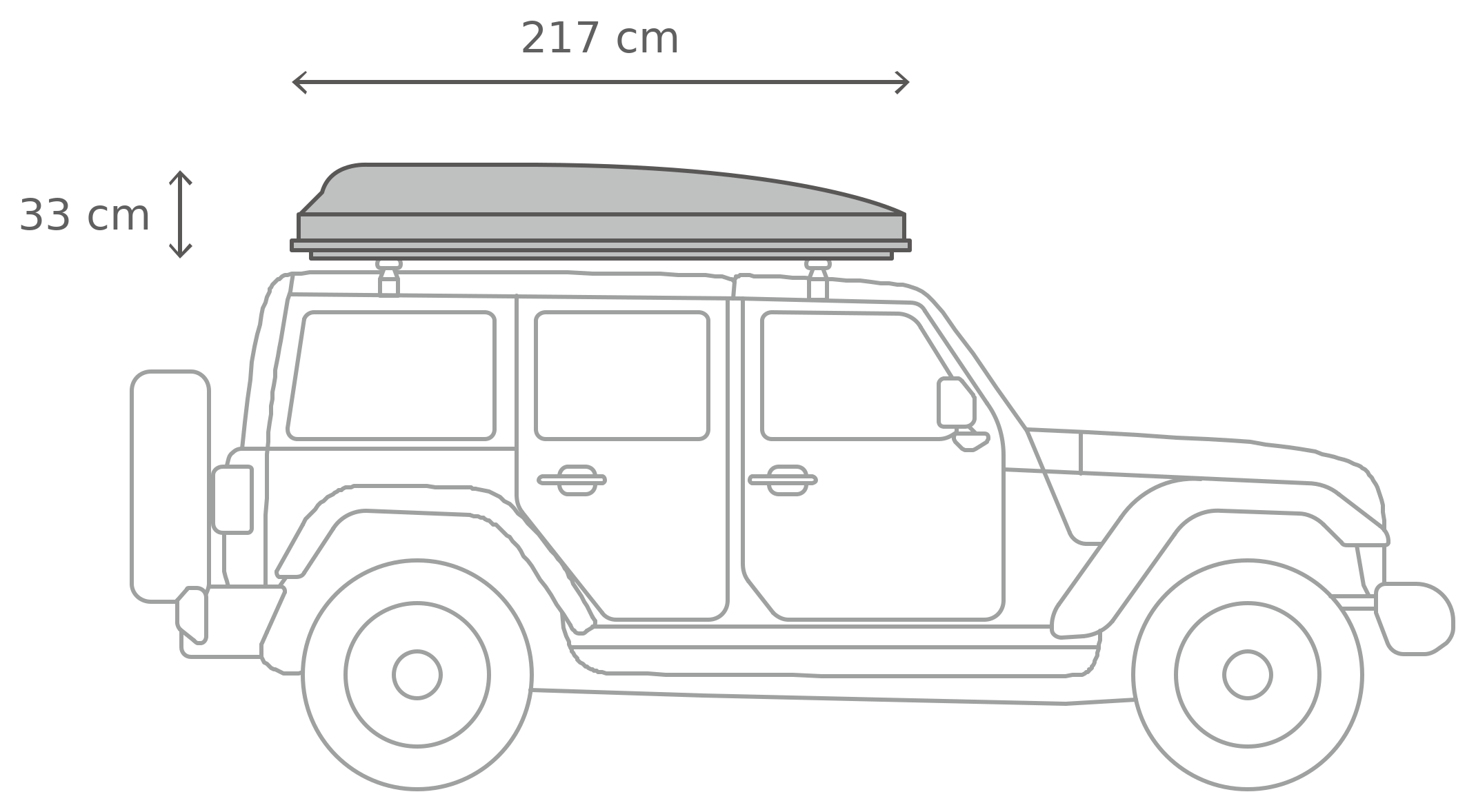 Skycamp 3.0 – Lukket, fra siden (218 x 140 x 33 cm)