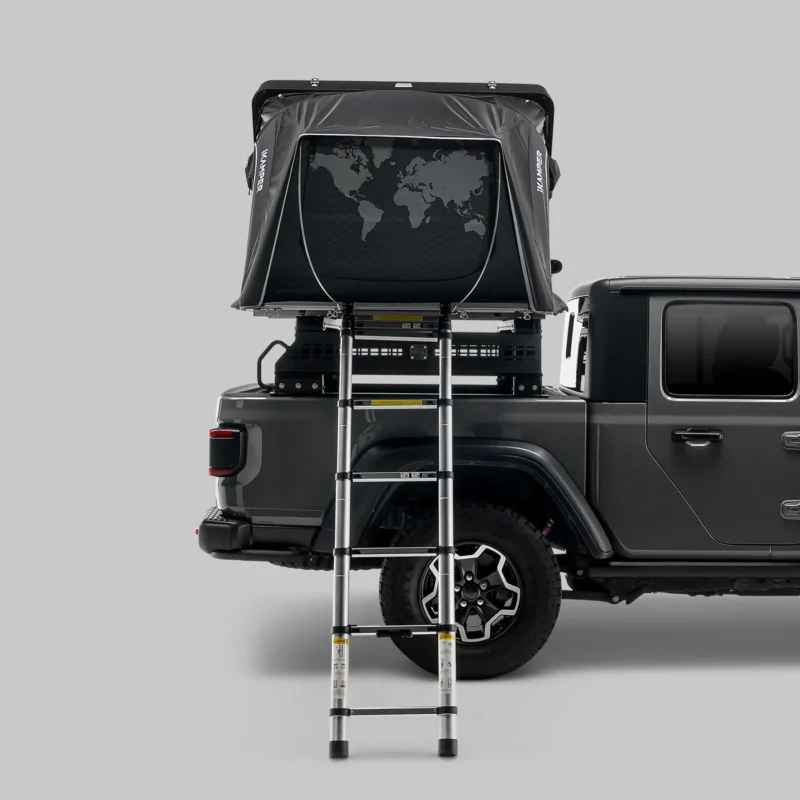 Skycamp 4.0 Duo åpent, sett fra siden med stige Skycamp 4.0 Duo åpent, sett fra siden med stige