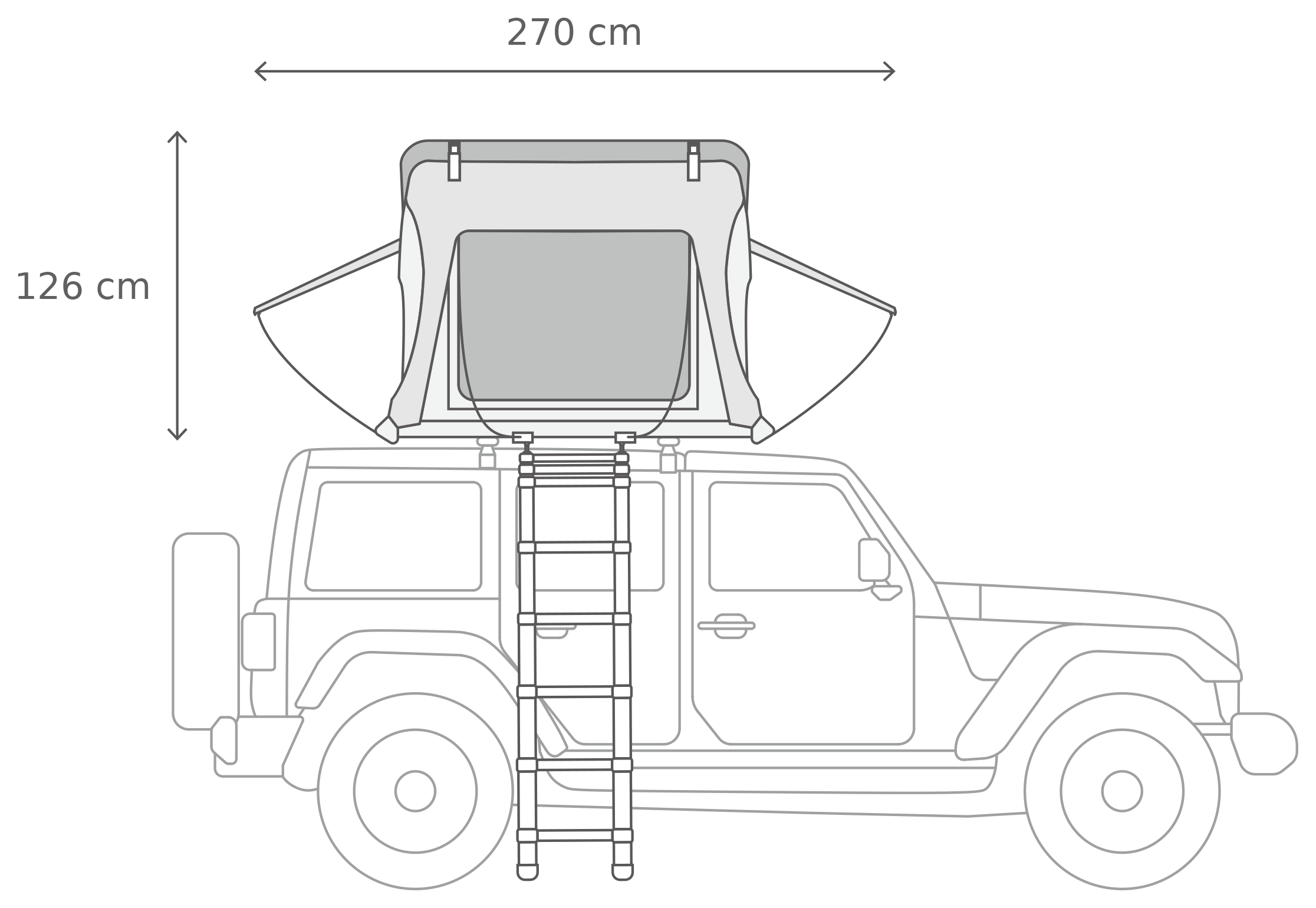 Skycamp 4.0 Duo – Åpen, fra siden (153 x 210 x 126 cm)