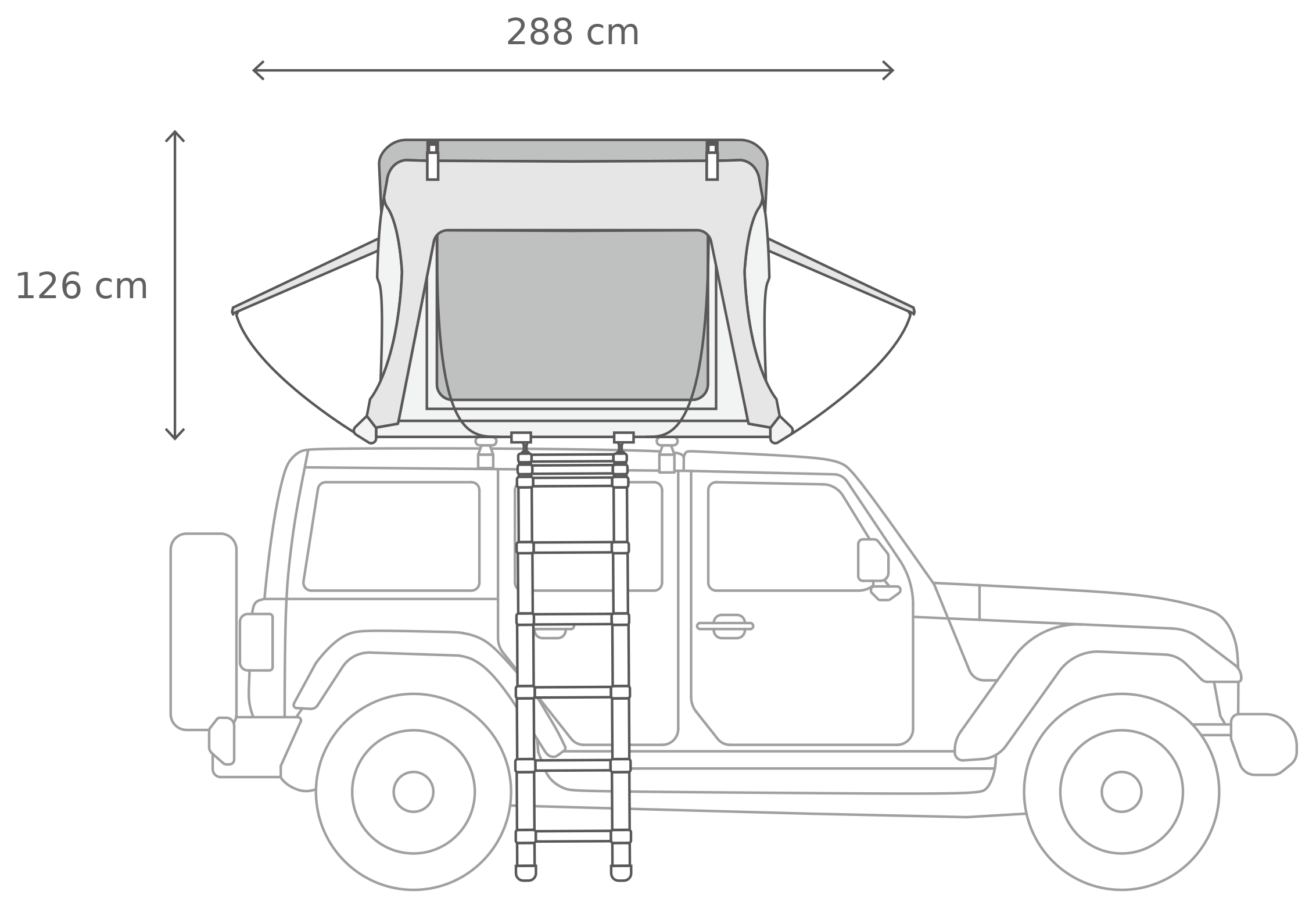 Skycamp 4.0 Trio – Åpen, fra siden (171 x 210 x 126 cm)